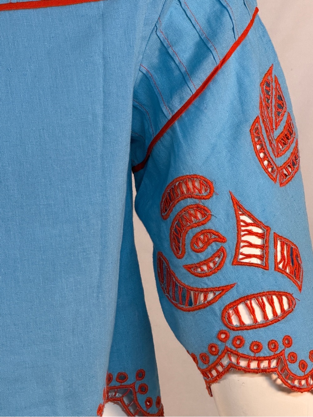 Never A Wallflower Embroidered Light Blue Cropped Top with orange Trim - Picture 4 of 15